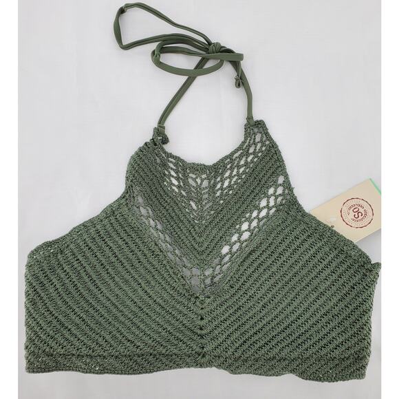 SO Juniors Size Medium Crochet Swim Top Halter Tie Back Closure Olive Green New - Picture 1 of 6